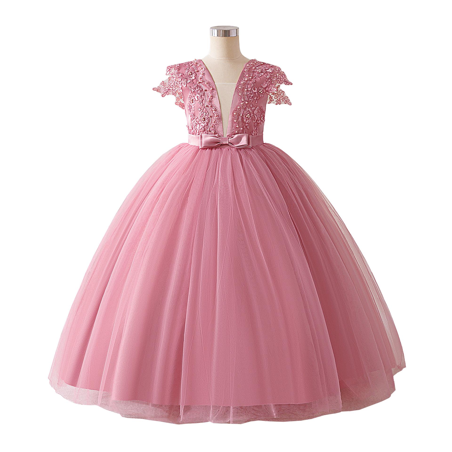 Девочковое платье с глубоким V-образным вырезом, пышной юбкой, бантом и цветами для свадеб и выступлений 130cm/8Y