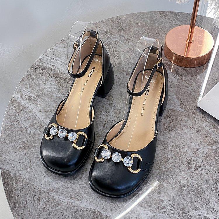 Nuovi Sandali Donna Estate Nuovi All-Match Tacco Spesso Francesi Strass Mary Jane Scarpe Singole Donna Punta Quadrata Scarpe con Tacco Sandali