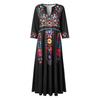 Plus Size Lady Dress V Neck Three Quarter Sleeves Bohemian Sexy A Line Loose Hem Pockets Retro Ethnic Style Print