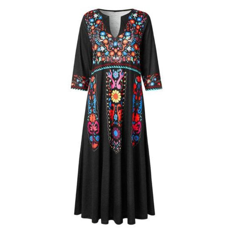 Plus Size Lady Dress V Neck Three Quarter Sleeves Bohemian Sexy A Line Loose Hem Pockets Retro Ethnic Style Print