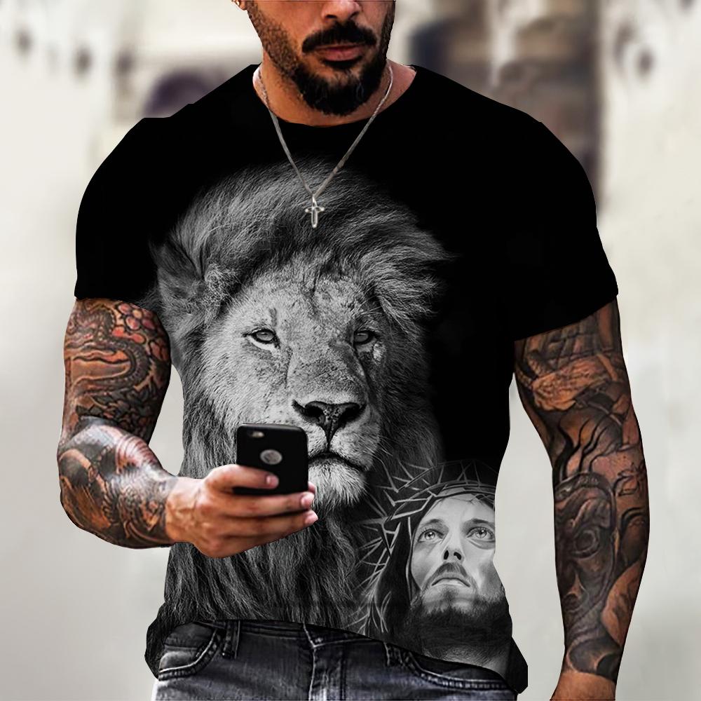 Jesus-Muster Löwe 3D-Druck Sommer Herren O-Ausschnitt T-Shirt Lässig Kurzarm Oversized Pullover Mode Streetwear Herrenbekleidung