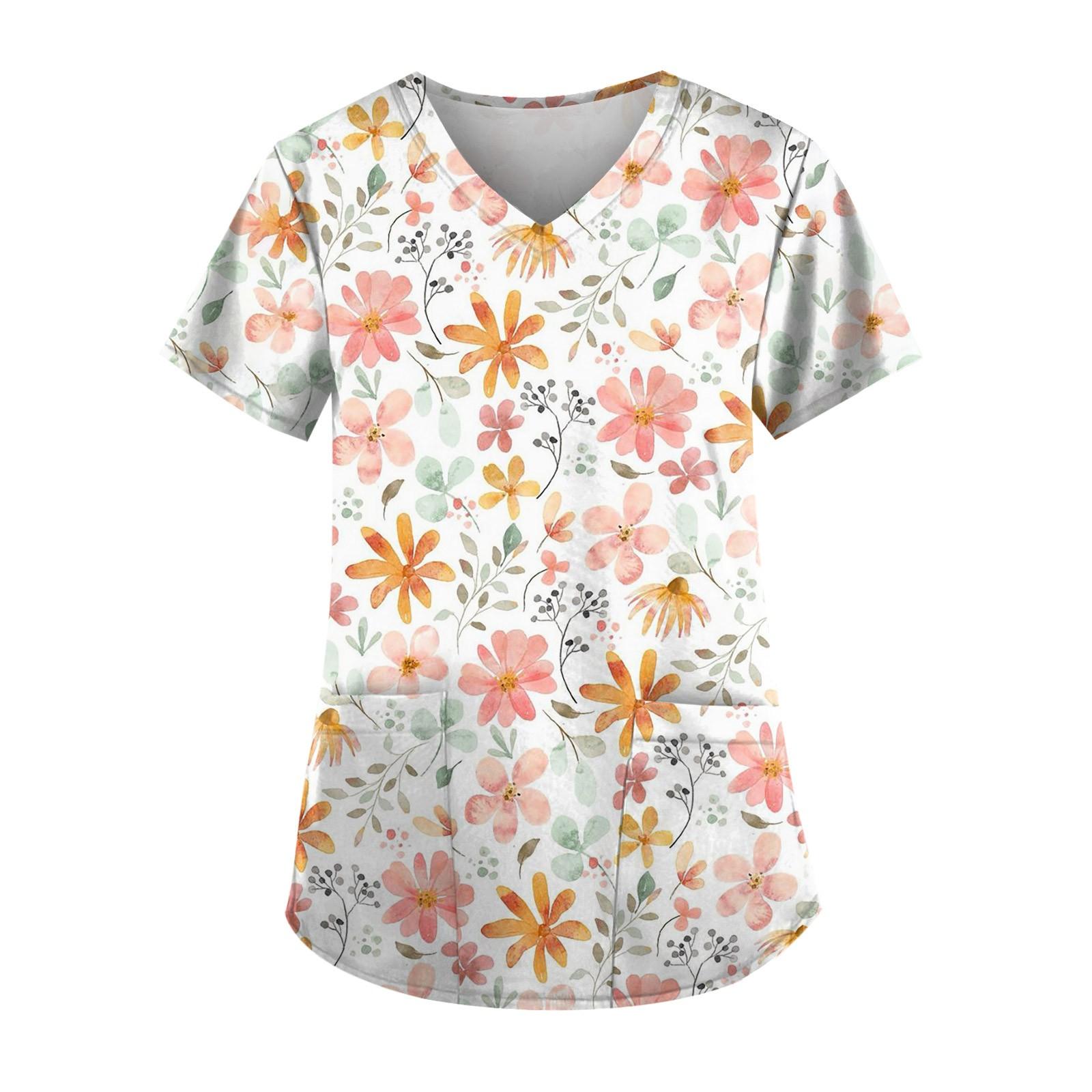 

Женские топы с короткими рукавами и v-образным вырезом с принтом, рабочая блузка с карманами L розовый