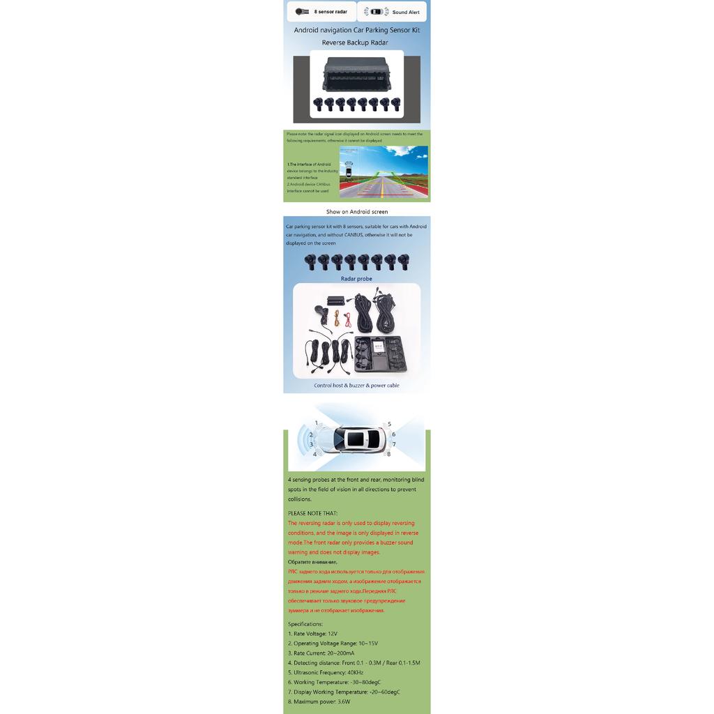 Android Navigation Reversing Radar Sensor Kit Visual Reversing Image Audible Alarm Indicator Probe System 8 Probe Buzzer Sensor