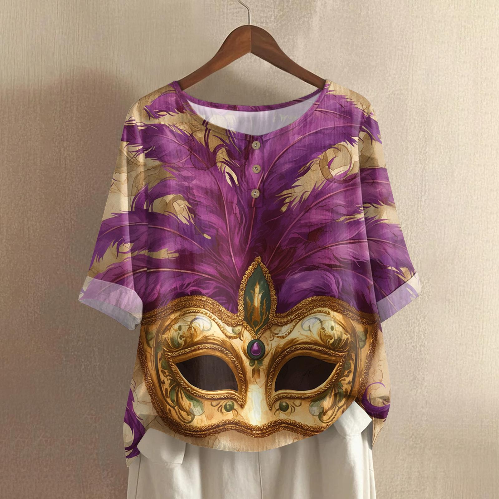 

Женский повседневный и удобный хлопково-льняной топ средней длины с круглым вырезом и модным принтом S фиолетовый