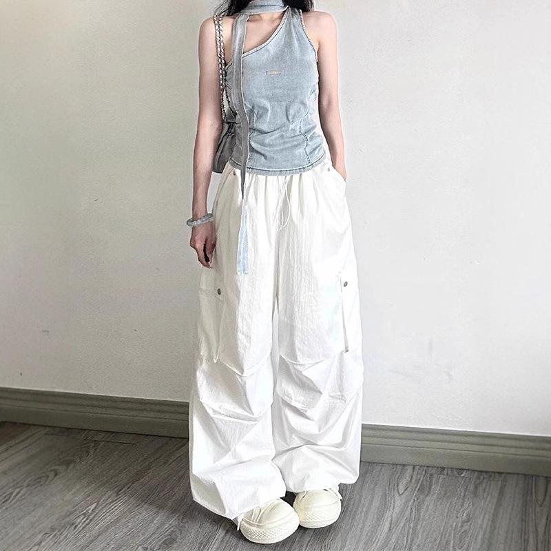 Women's High-Waist Cargo Pants: 2025 American Design, Drawstring, Floor-Length, Loose Fit Casual Trousers