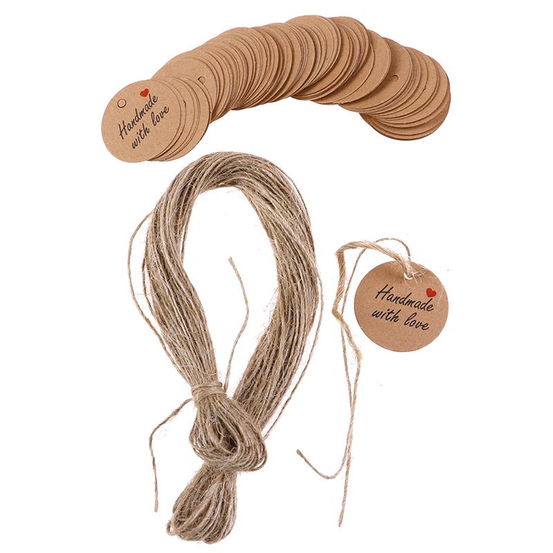 100Pcs Handmade with Love Labels Hang Tags Blank Kraft Paper with 20m String