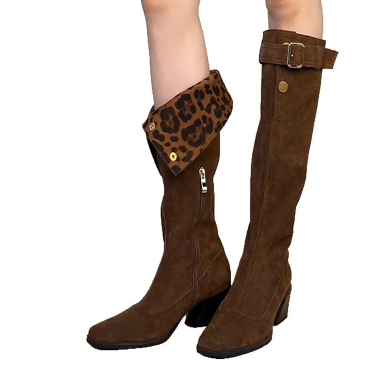 Stylish personality niche knight boots autumn and winter new two-wear belt buckle leopard print suede square head thick heel boots