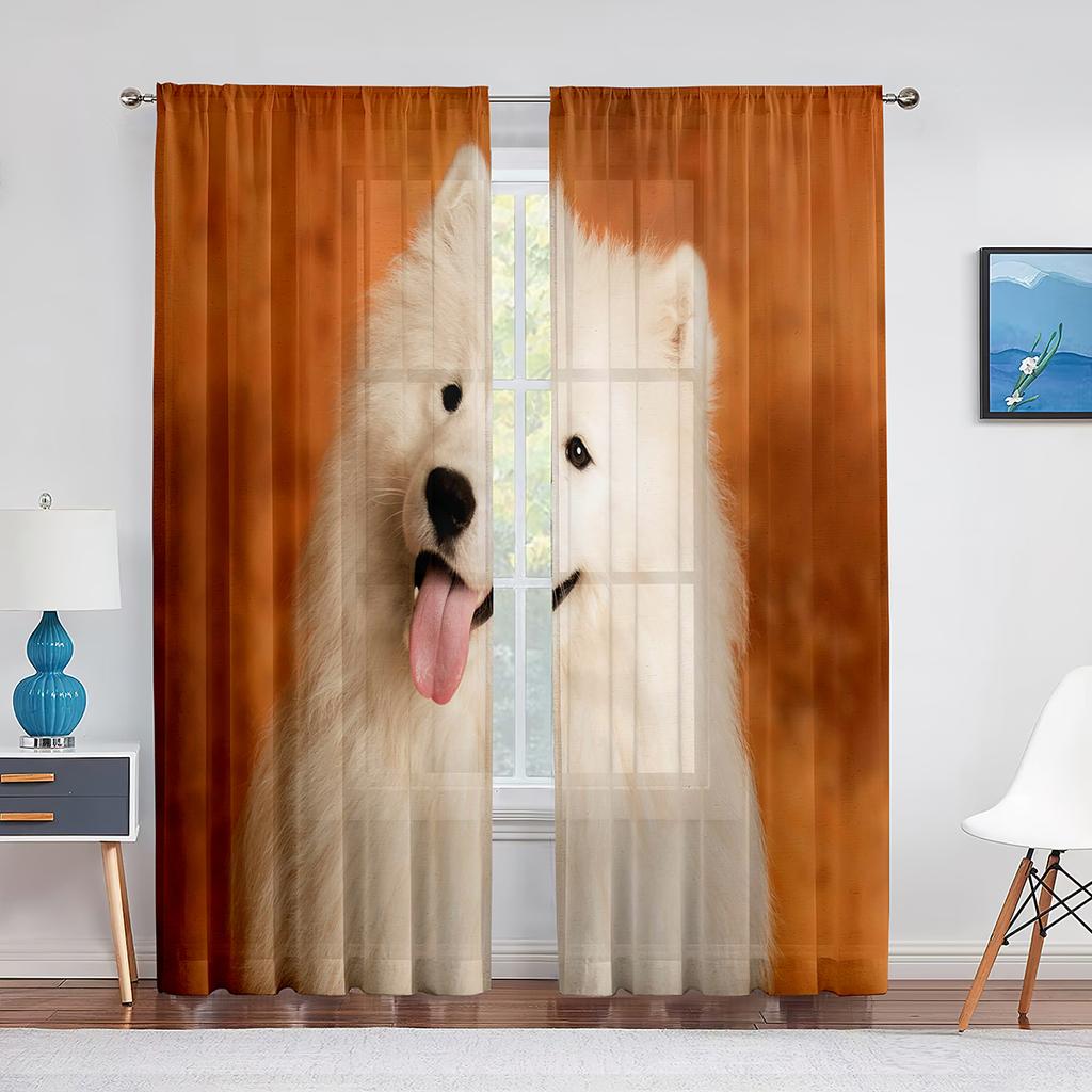 Doi Câini Samoyed Drăguți în Zăpadă Perdele Tulle pentru Decor Living Dormitor Bucătărie Perdea Voal Transparent Modern Draperii Fereastră