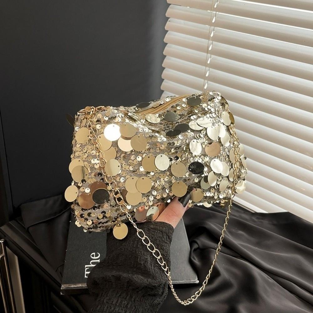 Portable Sequin Shoulder Bag Large Capacity Solid Color Chain Crossbody Bag Lightweight Female Handbag For Evening Party