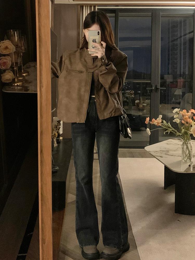 Americká retro hnědá motocyklová kožená bunda Ženy Módní Design Krátká ramenní vycpávka Bunda Grunge Estetický tenký kabát Streetwear