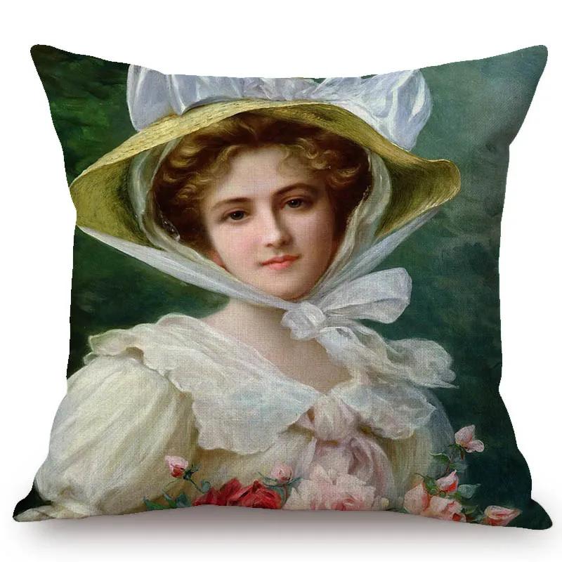 European Royal Court Victorian Era Lady Hat With Flower Elegant Sofa Throw Pillow Cover Classic Vintage Linen Decor Cushion Case