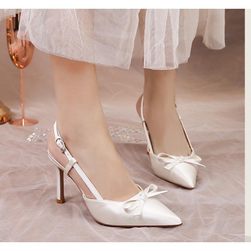 Fashion Women Pumps White Wedding Shoes Bride Luxury Satin Butterfly-knot Pointed Toe Adjustable Slingback Heels Elegant Women Heels