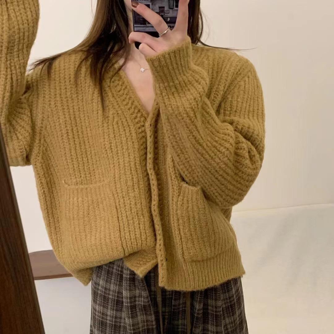 

QICED Однотонный кардиган-пальто для женщин Осень-зима Ленивый свободный V-образный вырез Теплый вязаный свитер Uniform size