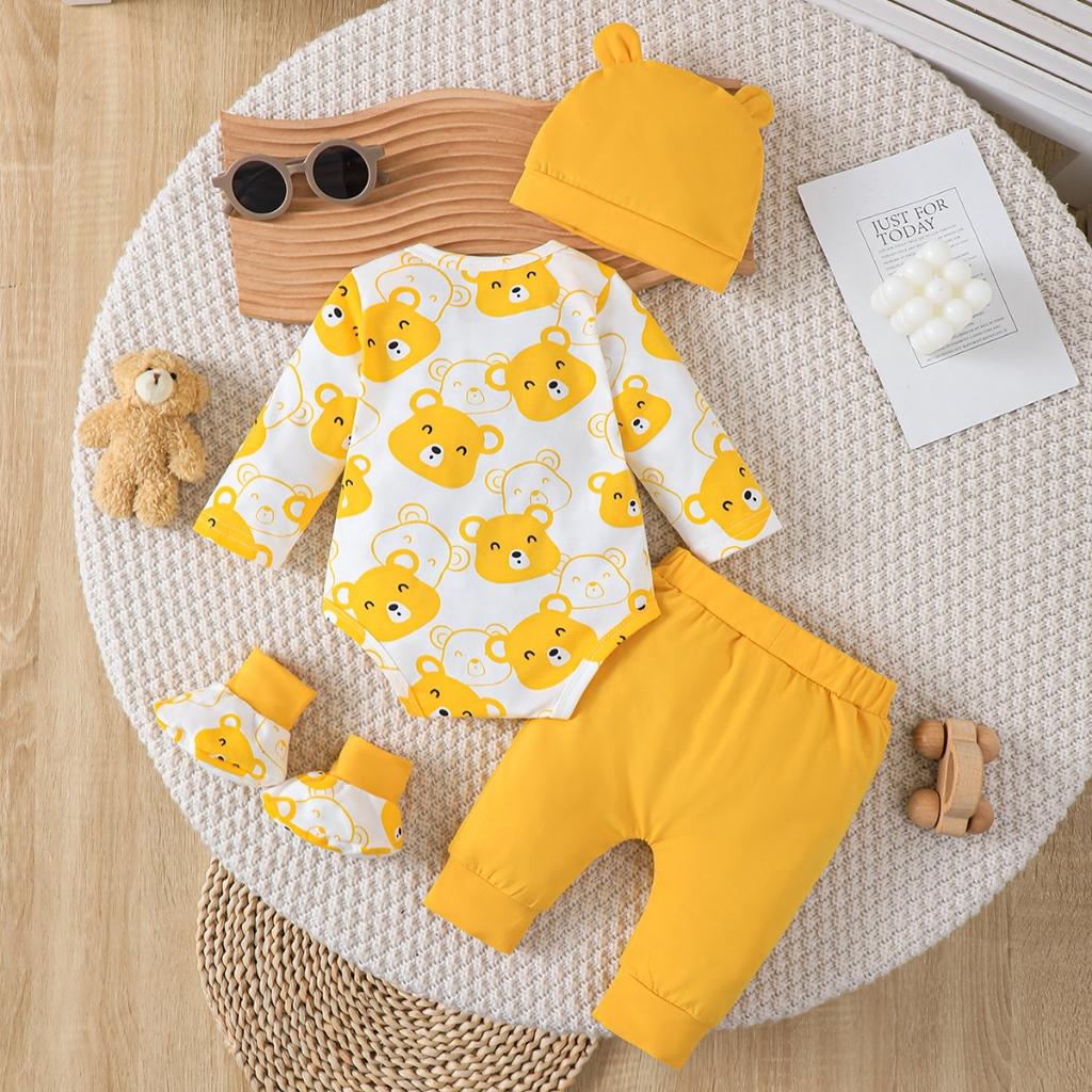 Moda 4 Colori 0-9 Mesi Neonato Orsetto Set Completo 4 Pezzi Autunno Tuta a Manica Lunga+Pantaloni+Cappello+Calzini Tuta Casual per Bambino Vestiti Regalo