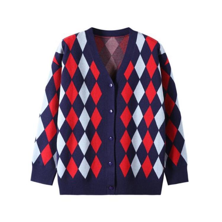 Women's Cardigans - Autumn Women Sweater Vintage Geometric Rhombic Cardigan Warm Loose Outerwear