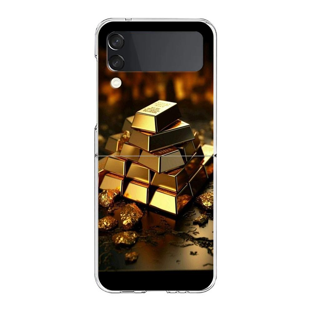 Phone Case For Samsung Galaxy Z Flip 7 6 5 4 3 Clear Hard Folding Cover For Samsung Z Flip6 Flip5 Flip4 Gold Money Pattern