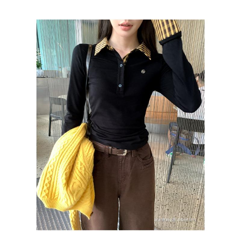 Spring Autumn Plaid Patchwork Fake Two Pieces Tee Women Long Sleeve Polo-neck All-match Pullover T-shirt Top