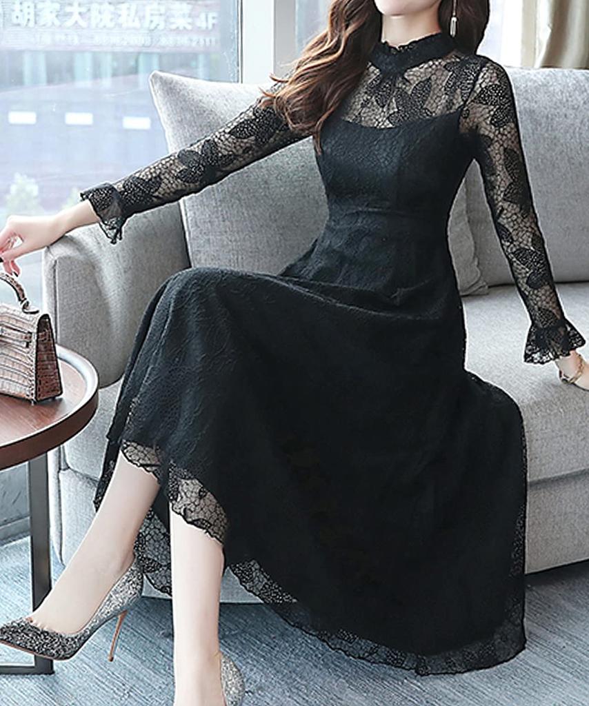 Sueeya Lace Long Ruffle Long Perfect for and Size M Women's Dress, Sleeves, Flared, All-Over Print, Cute, High-Waisted, Slimming, Stylish, Sheer,