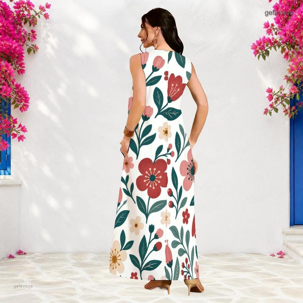 Women Plus Size Notch Neck Sleeveless Floral Printed A Line Long Dress With Side Pockets