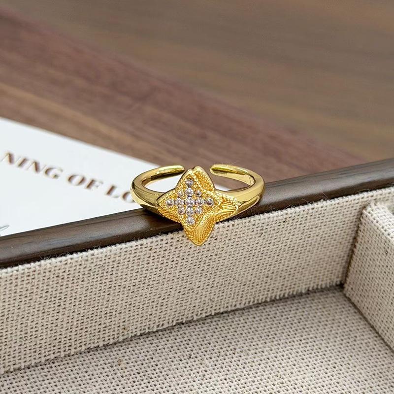 Retro Exquisiter Vierblättriger Klee Voller Diamanten, Liebe Zirkon Funkelnder Diamantring, Damen Leichter Luxus Persönlichkeit Stapelbarer Zeigefingerring
