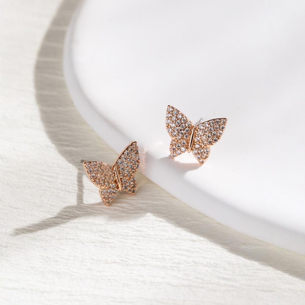 Steel Needle Earrings, Japan and Korea Simple High-quality Zircon Butterfly Stud Earrings, Women's Versatile Models, Factory Spot Batch