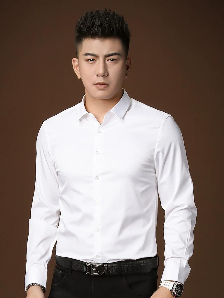 European Style Solid Color Long-Sleeve Shirt, Trendy Men's Fashion Top, Slim-Fit Base Shirt, Casual High-End Shirt