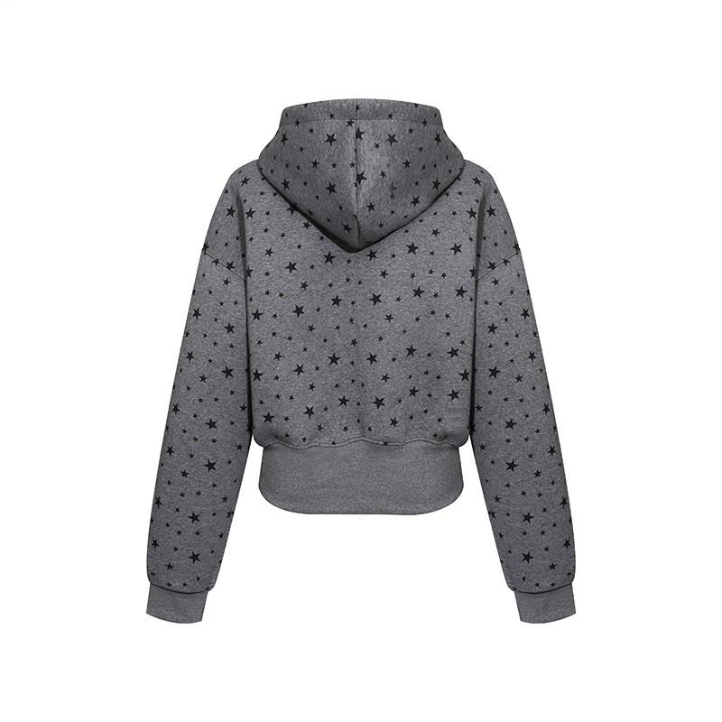 American Retro Star Print Hoodie Loose Fit Cropped Zip Up Streetwear Teens