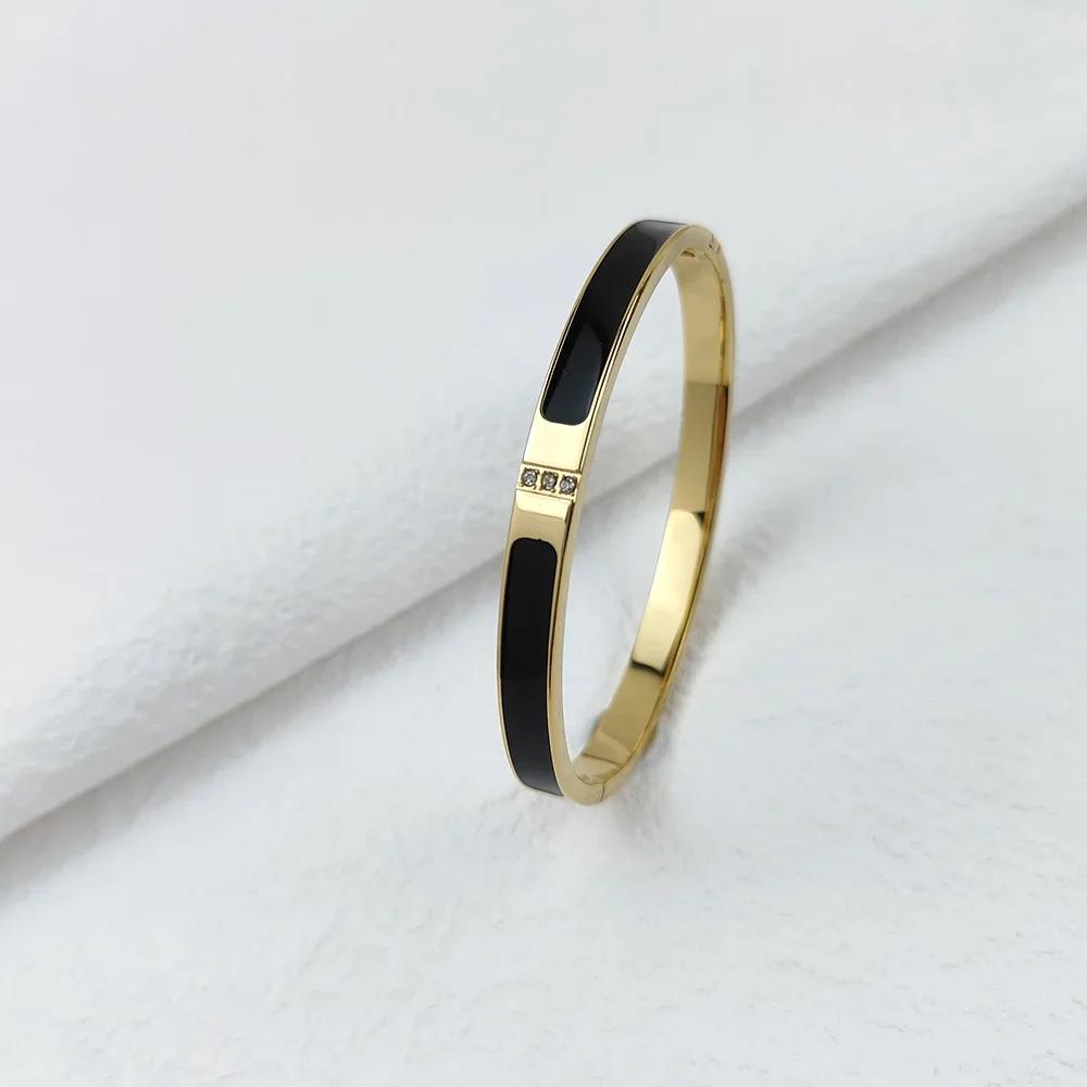 Bracelet Mode Noir Huile Goutte à Goutte pour Femmes Luxe Zircon Incrusté Acier Inoxydable Plaqué Or Bracelets Bijoux Cadeau Fête des Mères