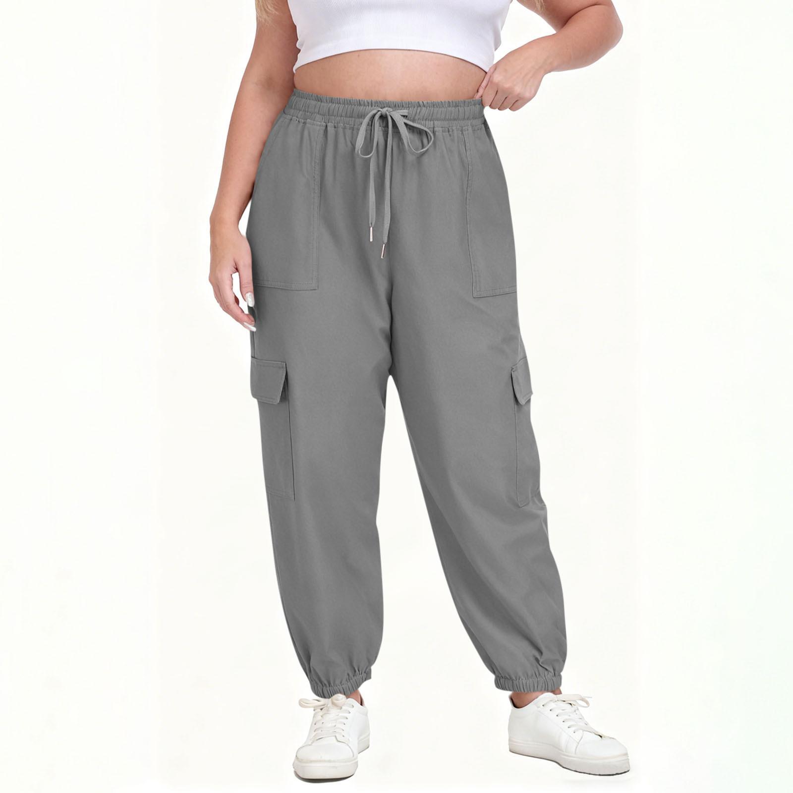 Women s Plus-Size Fashion Loose-Fit -Color Multi-Pocket Casual Drawstring Work Pants XXL