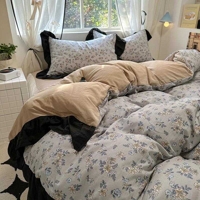 1.5/1.8 Korean Style 100% Cotton Fitted Sheet Sets with Lace Flower Print Bedding Set for Seasons Home Bedclothes for Adult Kids