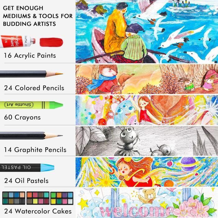 Malette de dessin - shuttle art - 186 pièces - non-toxique - boîte en bois - pour enfants et adultes