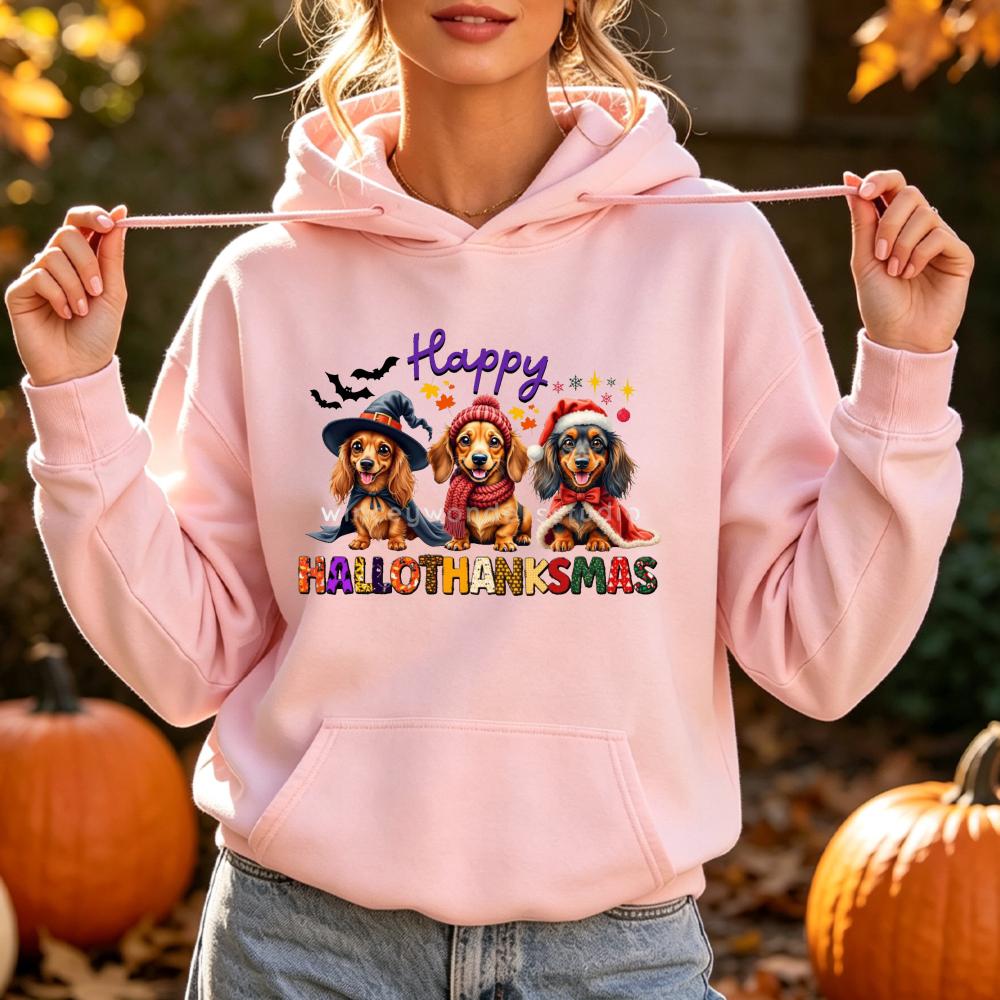 Happy Hallothanksmas Dachshund Dog Hoodies Women Autumn Winter Halloween Christmas Graphic Pocket Hooded Sweatshirt Unisex