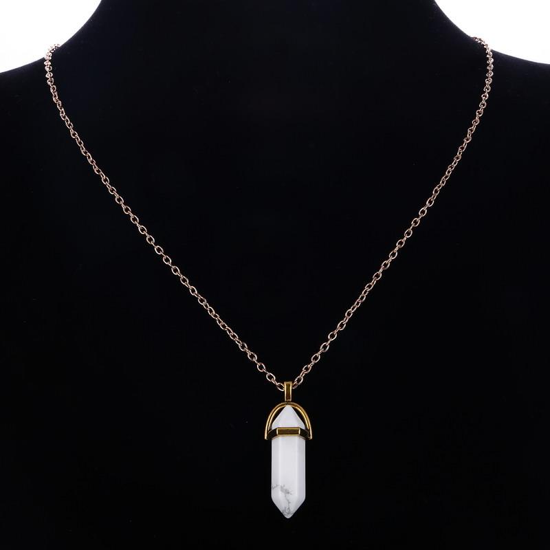 Fluorite Quartz Crystal Necklace Bohemian Hexagon Opal Chain Pendant Necklace for Women Bullet Hexagonal Stone Necklace Zircon