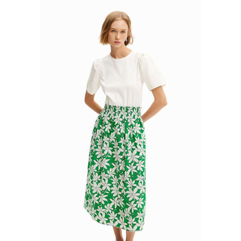 

Spain Special-Interest Design Puff Sleeves Patchwork Florals Elastic Waist High Waist Dress Green XS