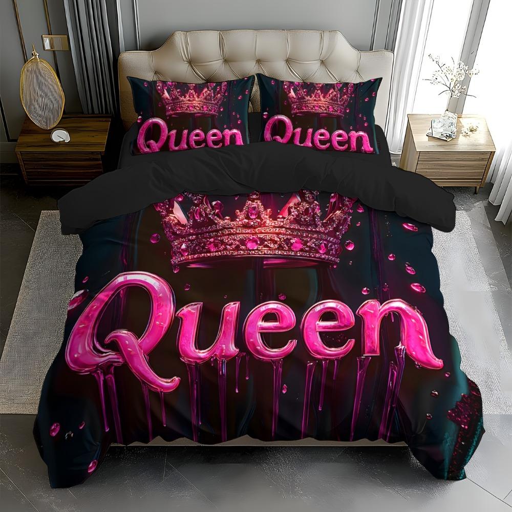 3pcs Bedding Set Pink Queen Crown 3D Print Cozy Duvet Cover King Queen Twin Size Birthday Gift for Adult Girl Bedroom Decoration