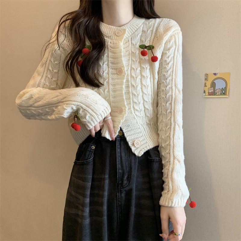 Three-dimensional cherry twist knitted cardigan women's spring and autumn new sweet wind versatile long-sleeved top two-piece sweater tide