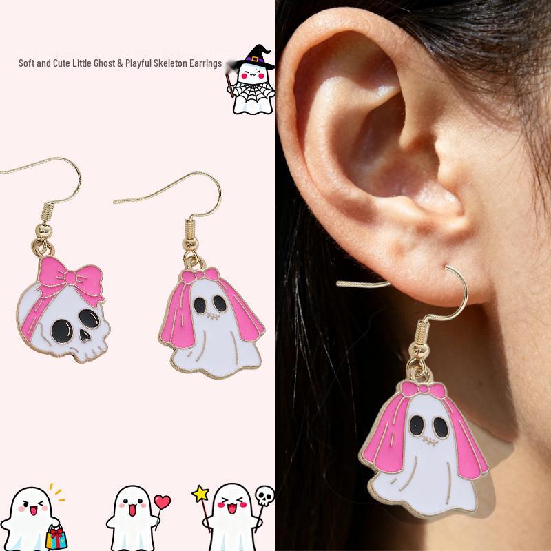 Pink Ghost Witch Skull Halloween Earrings – Women’s Trendy Cartoon Accessories