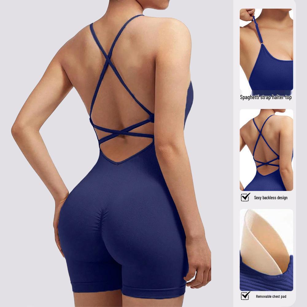 

Seamless Peach Butt Yoga Bodysuit with Spaghetti Straps and Open Back Medium
