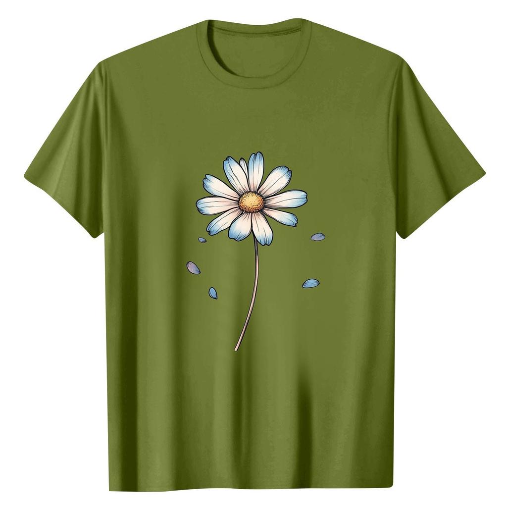 Camiseta feminina casual estampada de manga curta com decote redondo