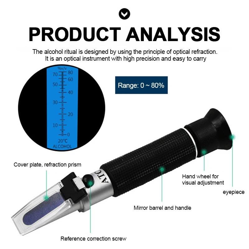 Handheld Alcohol Refractometer Alcohol Meter ATC Spirits Tester Alcohol Concentration Meter 0-80% Range Beer Wine Refractometer