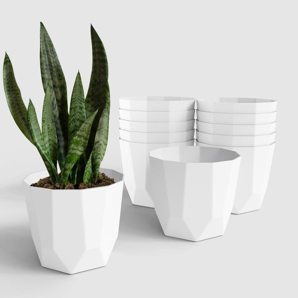 Hexa 8 Inch Pack of 12 Piece Plastic Plant Pot for Home Decor Indoor Plant Pots for Living Room Plastic Flower Pot for Garden (White)