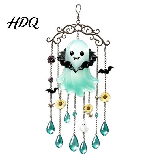 Holiday Wind Chime Halloween Ghost Decoration Vintage Sun Catcher with Faux Crystal Decorative Tassel Ornament Drops Tassels Acrylic Hanging