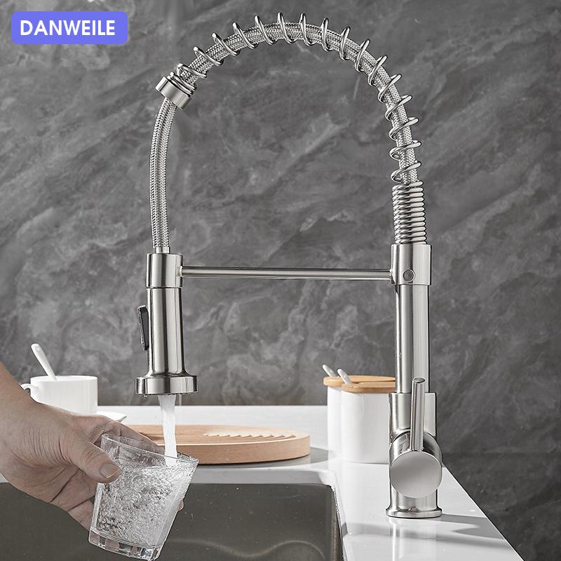 All Copper Rotatable Dual Mode Kitchen Faucet with Spring Neck for Hot and Cold Water