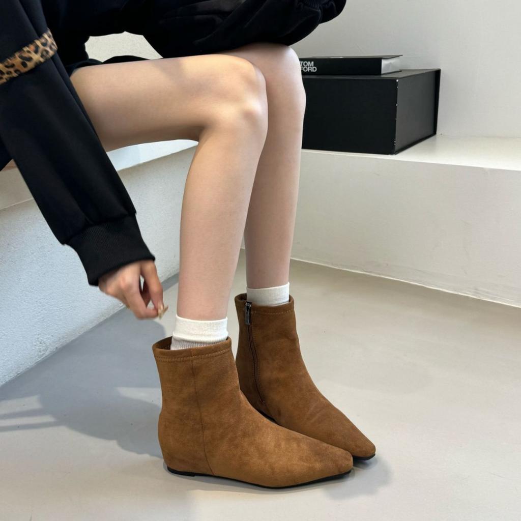 New Spot 2025 Korean Retro Suede Thin Boots Heightened Square Head Short Boots Women's Versatile Autumn and Winter New Women's Boots