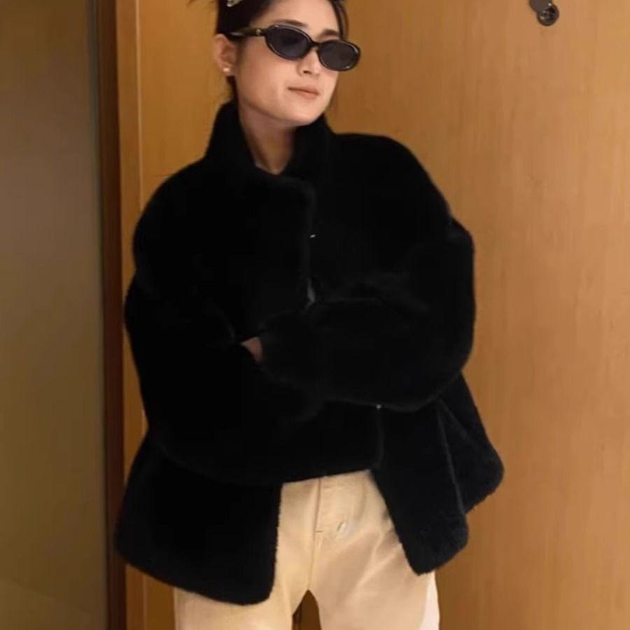 2025 Winter Women's Faux Mink Fur Short Coat with Stand Collar