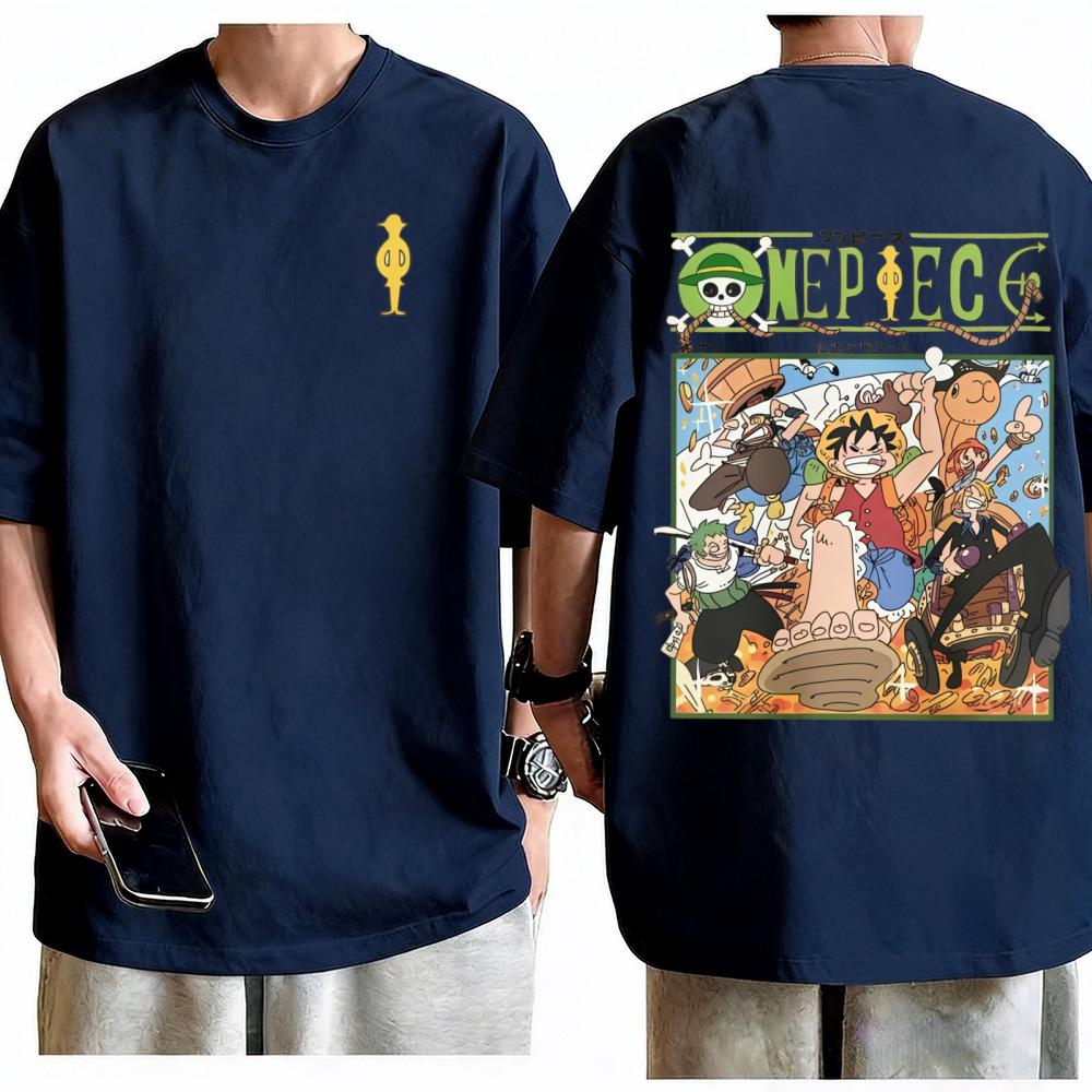 One Piece Straw Hat Pirates TShirt Retro Anime Graphic Print Crew Neck Pure Cotton High Street Fashion Tops For Men Women