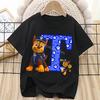 Paw Patrol Chase T-shirt for Children Cartoon Letter A-Z Tee Top Kawaii Round Collar Clothes Fashion Kids Black Clothing Gift