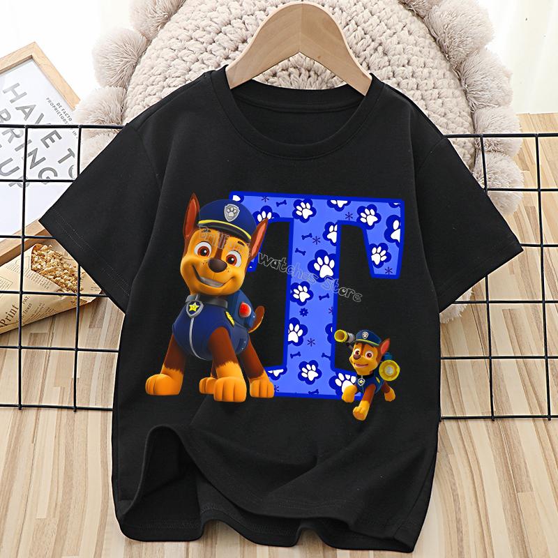 Paw Patrol Chase T-shirt for Children Cartoon Letter A-Z Tee Top Kawaii Round Collar Clothes Fashion Kids Black Clothing Gift