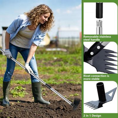 2-in-1 Unkrautrechen Langer Griff Unkrautzieher Aufstehendes Unkrautwerkzeug Robuster Handrechen Gartenhacke Manuelles Unkrautvernichtungswerkzeug für Rasen Garten Terrasse