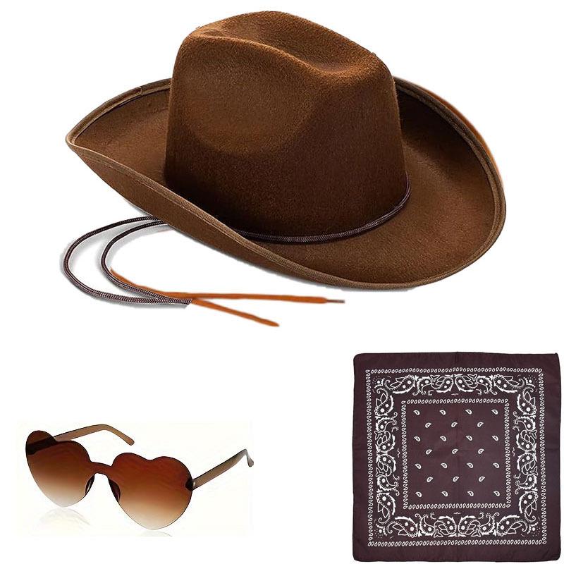 Pink Cowboy Hat, Black & White Scarf, Denim Hat Three-Piece Set